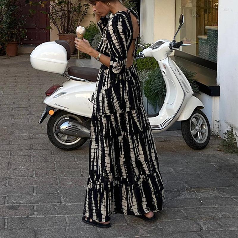 Casual Dresses Women Sexy Backless Boho Party Dress Fashion Drawn Pleat Layered Loose Swing Beach Tie-dye Print V-neck Long