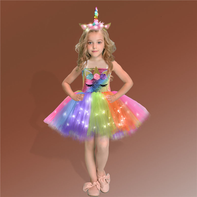 Girl's Dresses Girls Birthday Party Liight Up Unicorn Tutu Dresses Princess Dress Outfit Halloween Christmas Unicorn Costume for Kids Clothes 230