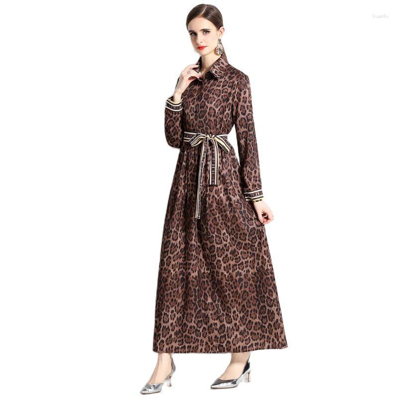 Casual Dresses Leopard Print Shirt Maxi Dress Long Sleeve Women Designer Holiday Lapel Ribbon Lace Up Bow Slim Elegant Simple