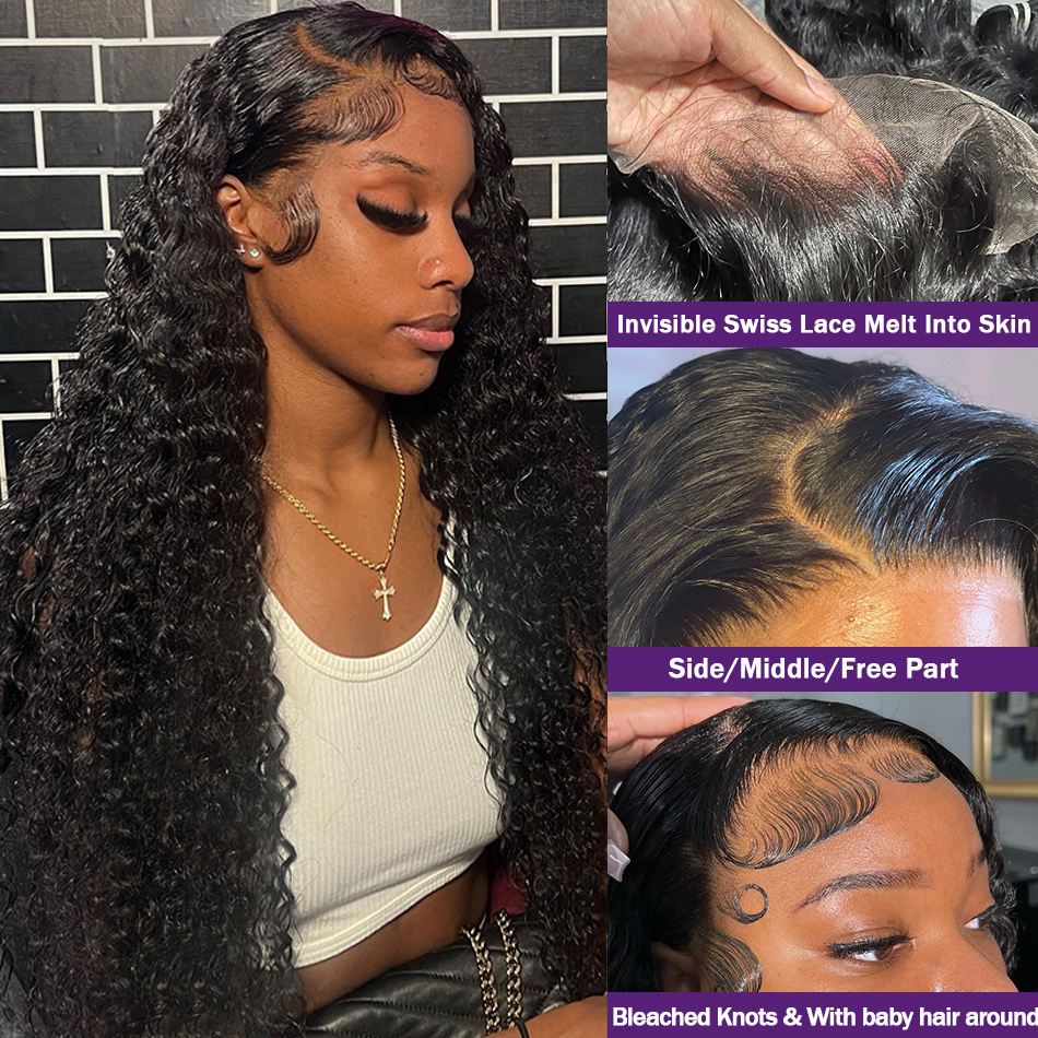 Free shipping 30 40 Inch Deep Transparent Lace Front Human Hair Wigs 250% Brazilian Water Wave Curly 13x4 Frontal Wig For Women Synthetic Heat Resista