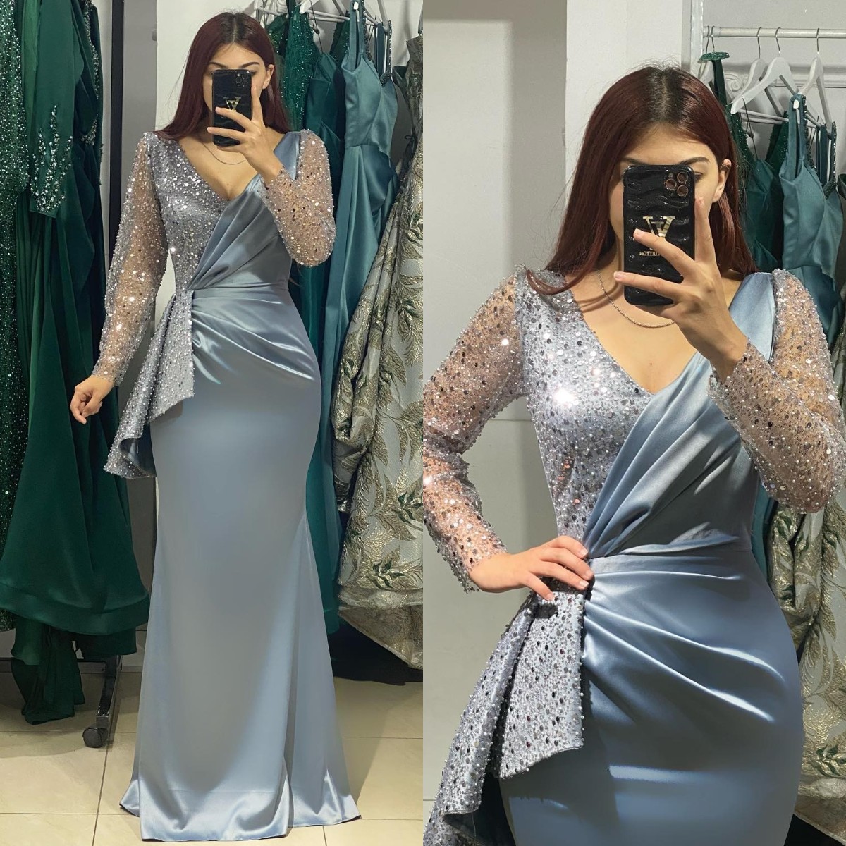 Elegant Blue Grey Mermaid Muslim Evening Dresses Sleeves V Neck Sequins Party Prom Sweep Train Long Dress for special ocn