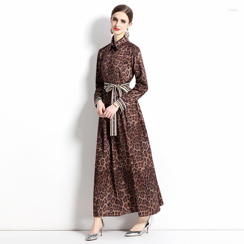 Casual Dresses Leopard Print Shirt Maxi Dress Long Sleeve Women Designer Holiday Lapel Ribbon Lace Up Bow Slim Elegant Simple
