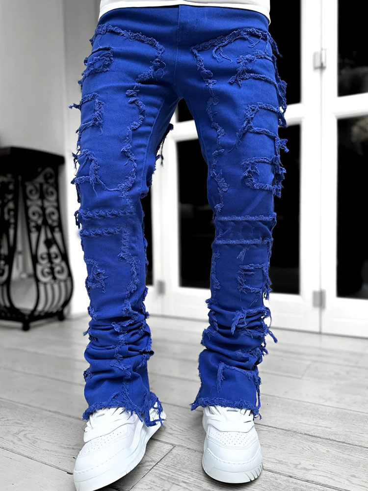 Men's Jeans Spring Autumn Individual Patched Pants Long Tight Fit Stacked Jeans For Men 230731