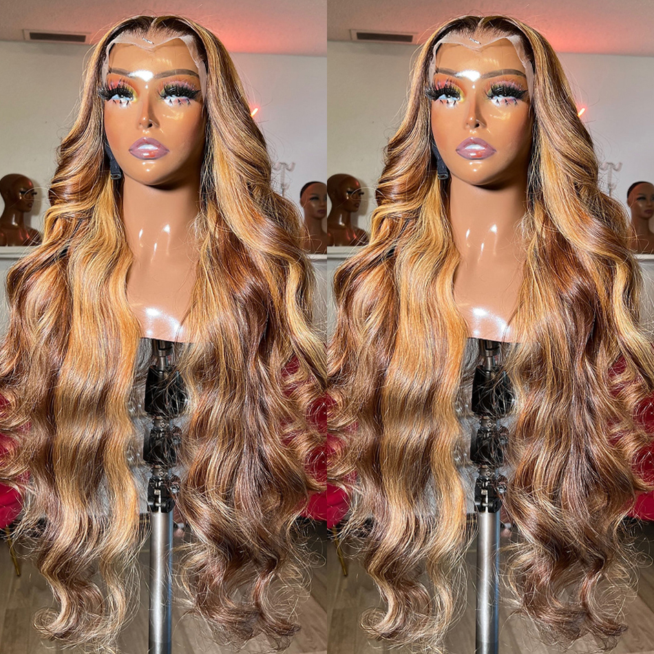 40Inch Highlight HD Body Wave Simulation Human Hair Wigs Honey Blonde Ombre Water Wave Brazilian Lace Frontal Wigs For Women
