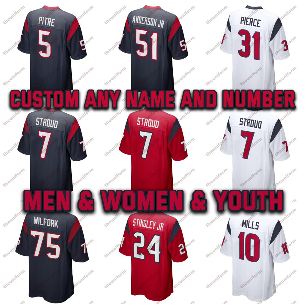 Custom Mens 7 C.J. Stroud 10 Mills American Football Jerseys 31 Pierce 13 Cooks 55 Hughes 83 Howard Womens Youth Football Jersey Size S-5XL
