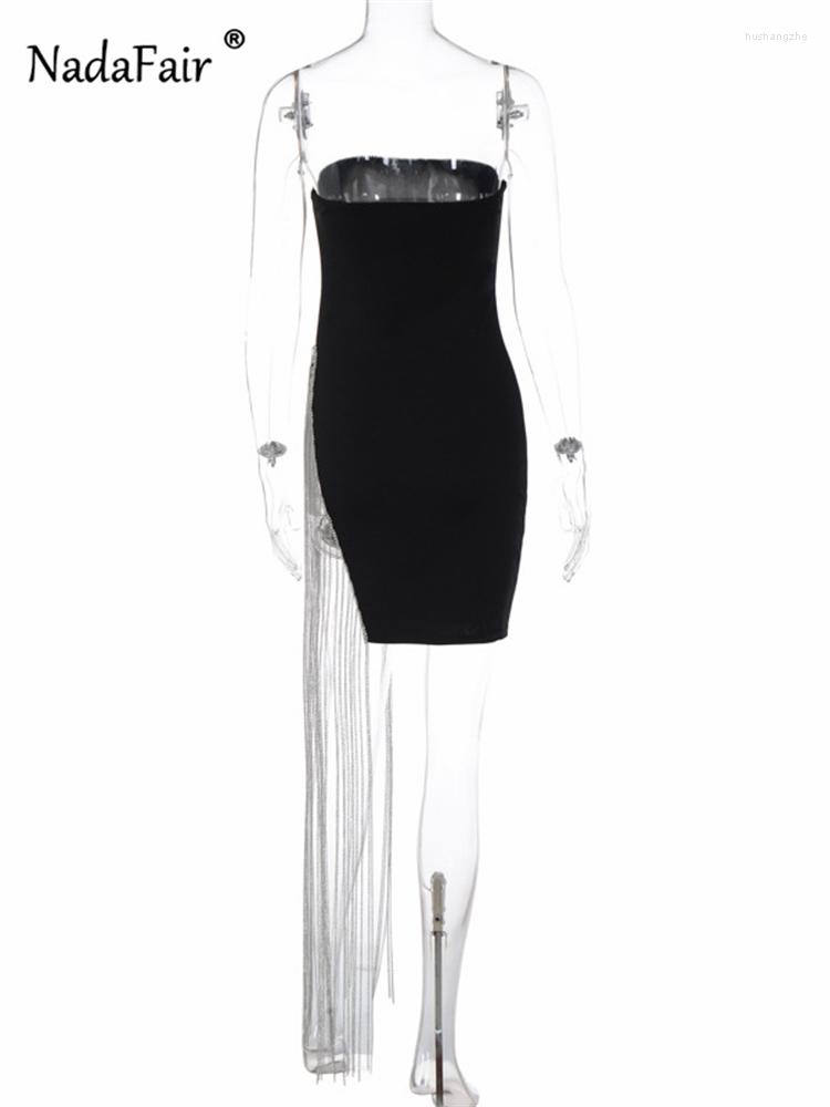 Casual Dresses Nadafair Chain Tassels Sexy Party Dress Strapless Bodycon Mini Rhinestone Backless Club Y2K Split Black Summer