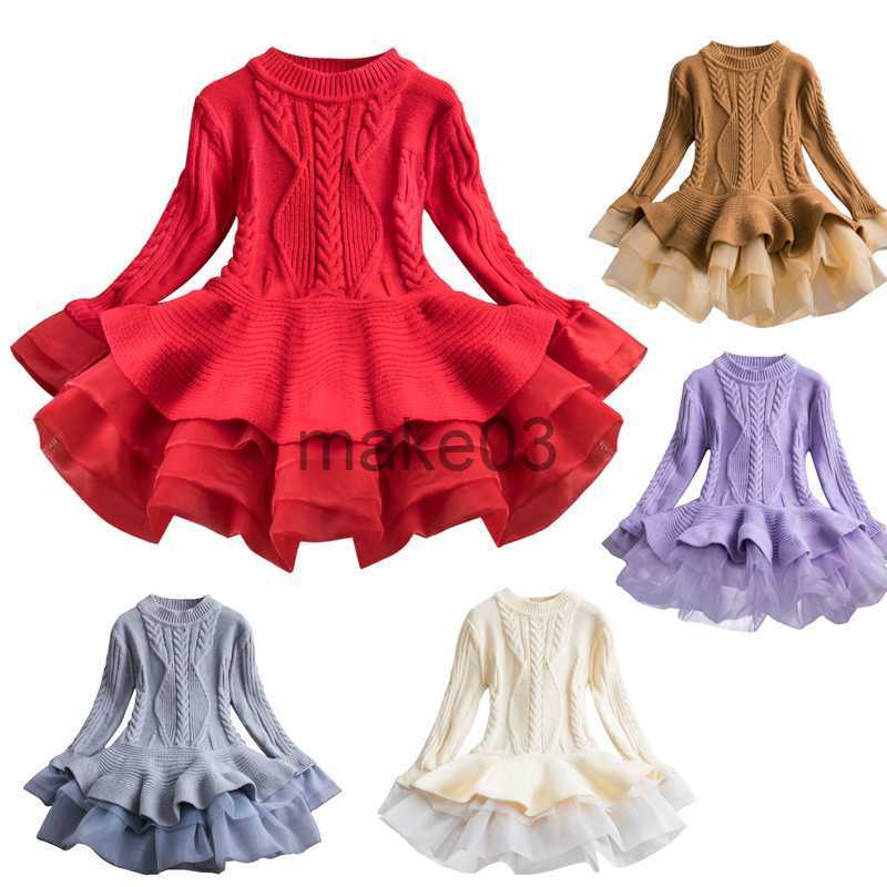 Cardigan Warm Sweater Dress Girls Knit Dresses Long Sleeve Floral Lace Dress Party Children Knitted Clothing Baby Kids Clothes Cotton J230801