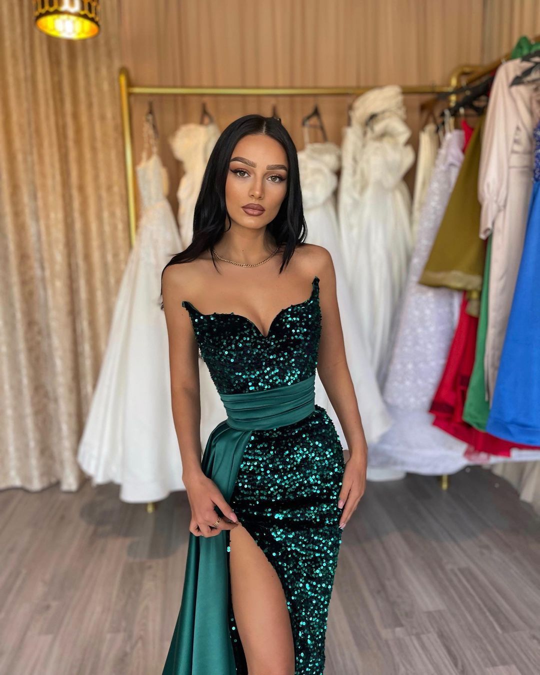 Dark Green Prom Sequins Waist Decoration Party Evening Dress Split Pleats Dresses For Special Ocn Lz0304