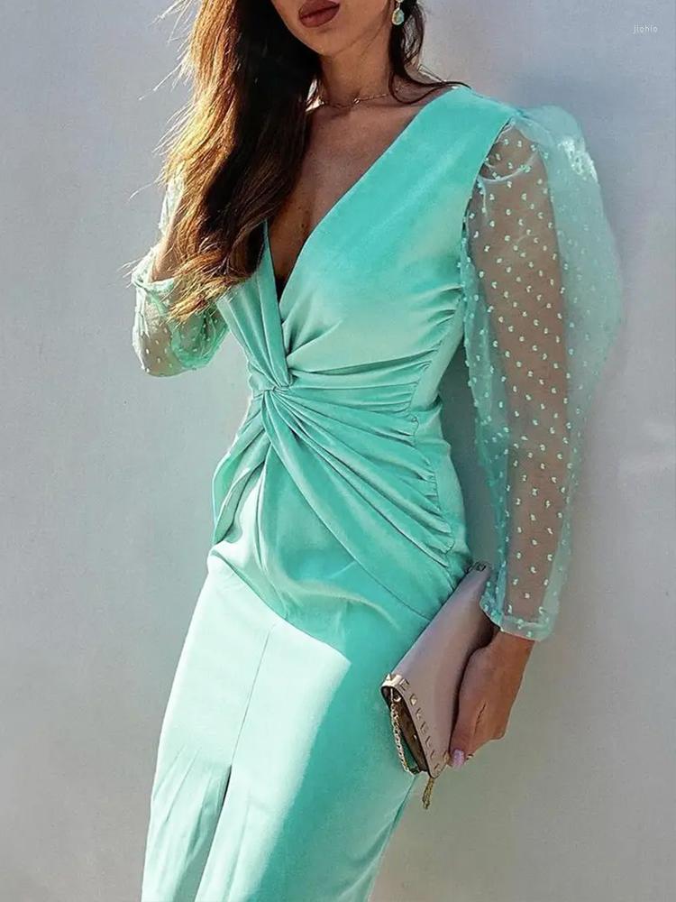 Casual Dresses Summer For Women Twisted Puff Sleeve Dot Mesh Slit Work Dress Vestidos Mini 2023