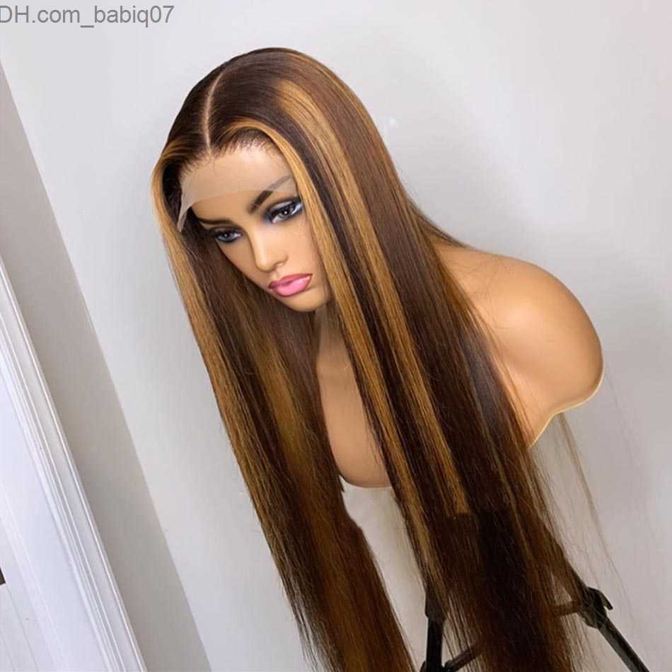 Synthetic Wigs Cynosure Highlight Wig Brown Colored Human Hair Wigs Ombre Straight Lace Front Wig Remy Highlight Lace Frontal Wigs Z230801