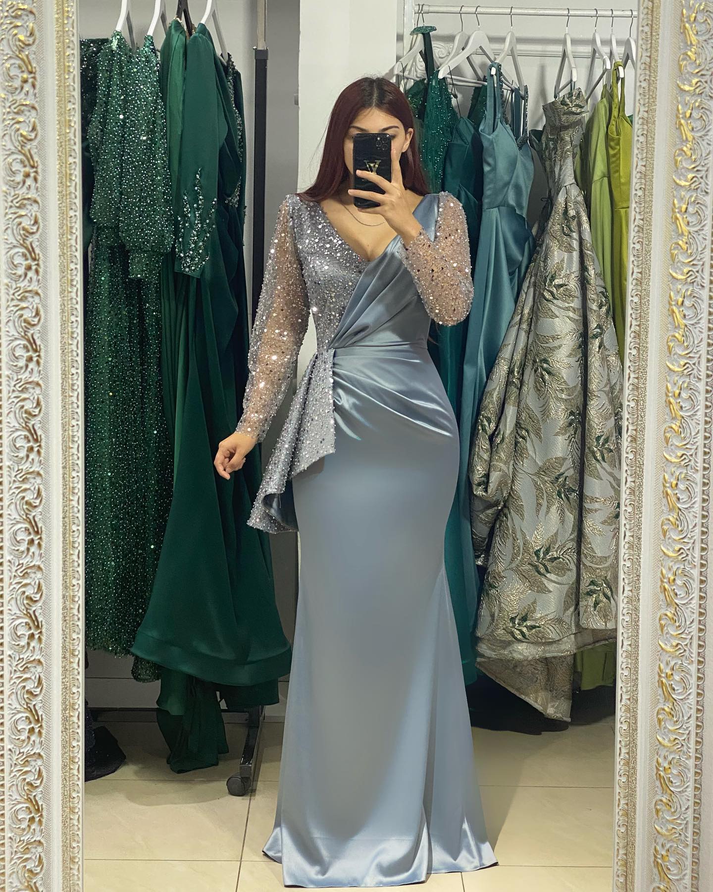 Elegant Blue Grey Mermaid Muslim Evening Dresses Sleeves V Neck Sequins Party Prom Sweep Train Long Dress for special ocn