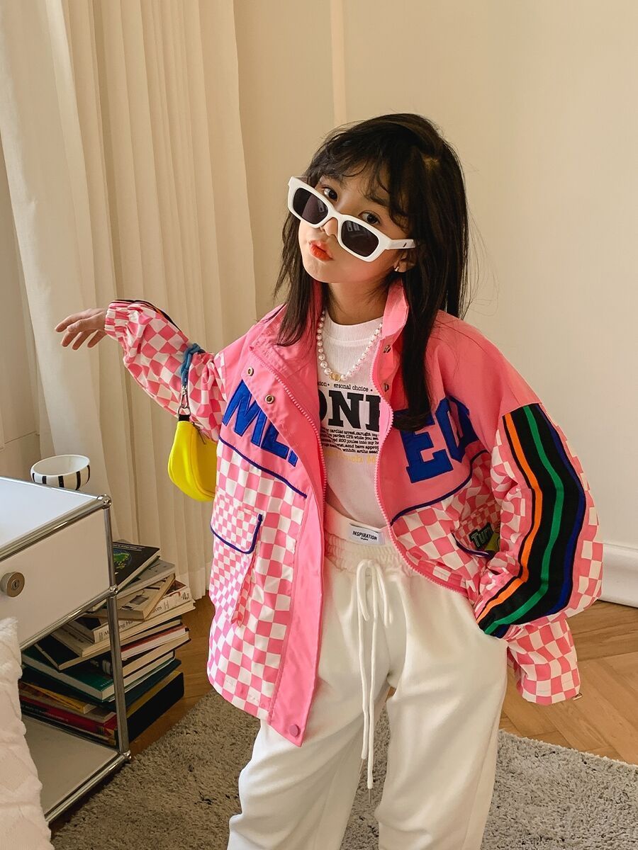 Jackets Girls Plaid Pink Jackets Baby 8 10 years Streetwear Spring Fall Fashion Loose Coat Teen Girls Jackets 230801