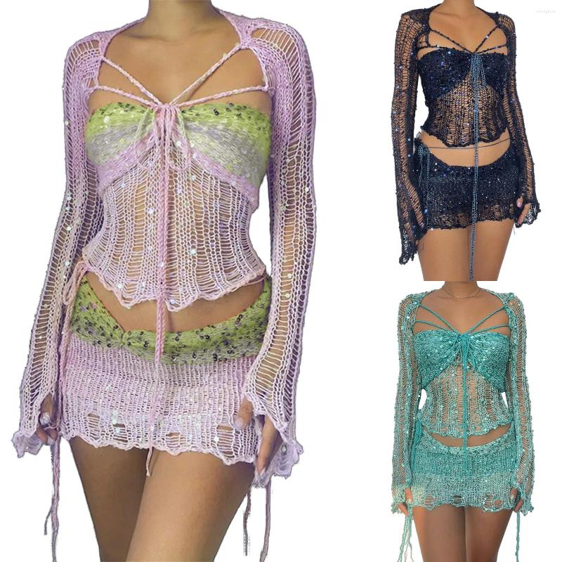 Casual Dresses Sequins Knitted Hollow Out 3 Piece Sets Women Long Flare Sleeve Crop Top And Mini Skirt Suits Sexy Bodycon Summer Outfits