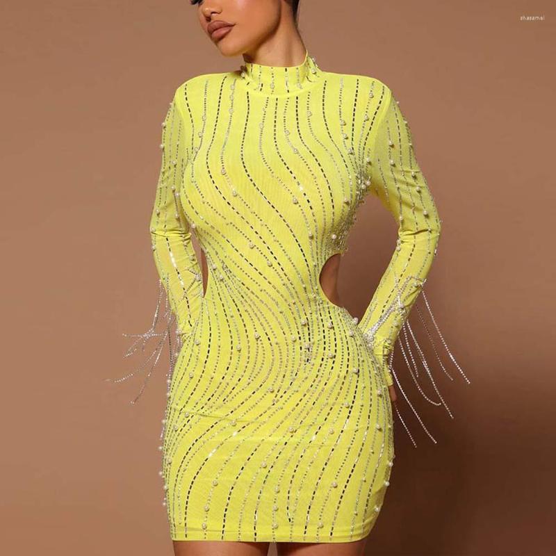 Casual Dresses Sexy For Women Sheath Diamond Beaded Full Sleeve Bodycob Mini Length Elegant Evening Night Party Club Vestidos Mujer