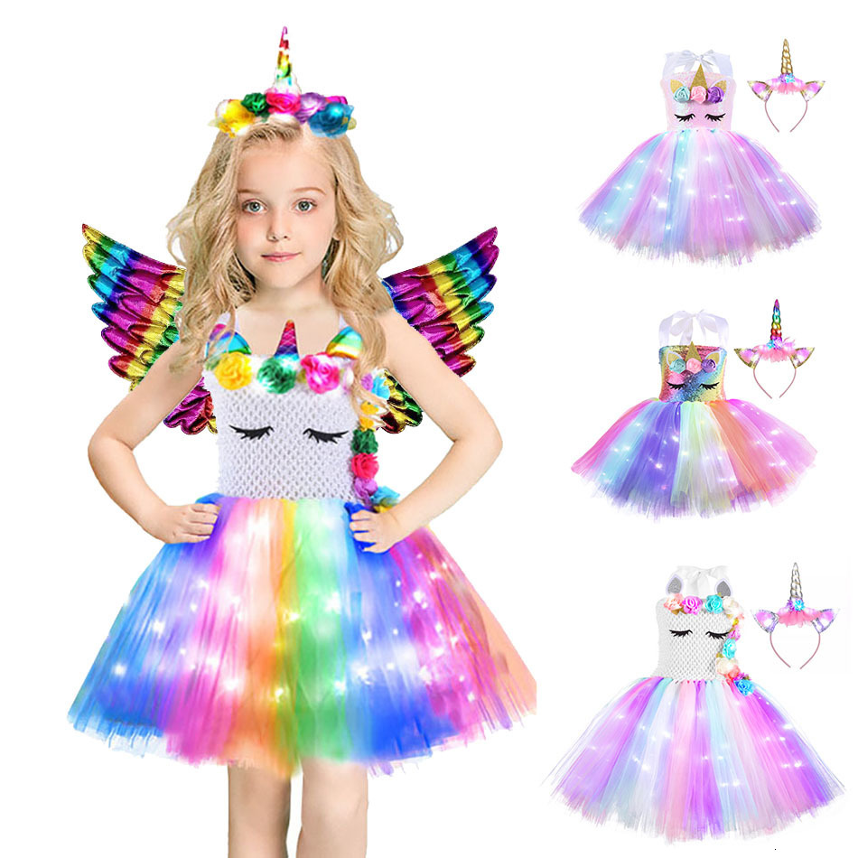 Girl's Dresses Girls Birthday Party Liight Up Unicorn Tutu Dresses Princess Dress Outfit Halloween Christmas Unicorn Costume for Kids Clothes 230