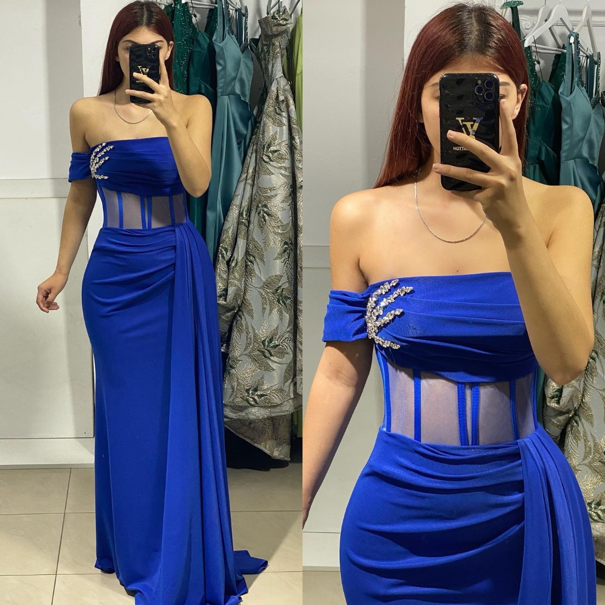Elegant Royal Blue Evening Dresses Strapless Beads Pleats Party Prom Illusion Bone Bodice Long Dress for special ocn