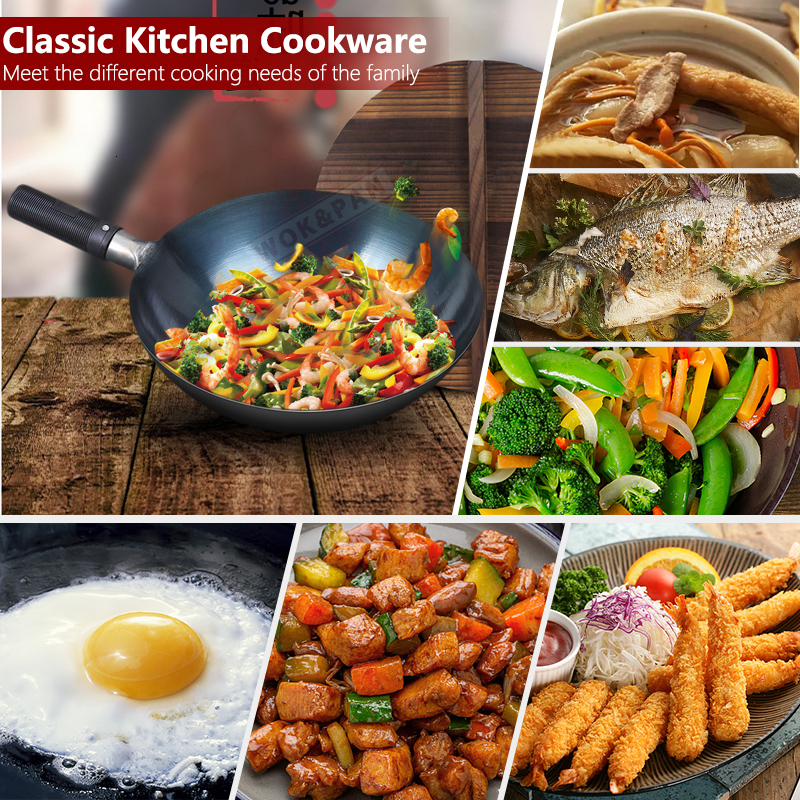 Pans 3234cm Seasoning Blue Iron Wok Uncoated Nonstick Pot Lightweight Classic Chef Outdoor Kitchen Cookware for Gas Stove 230731