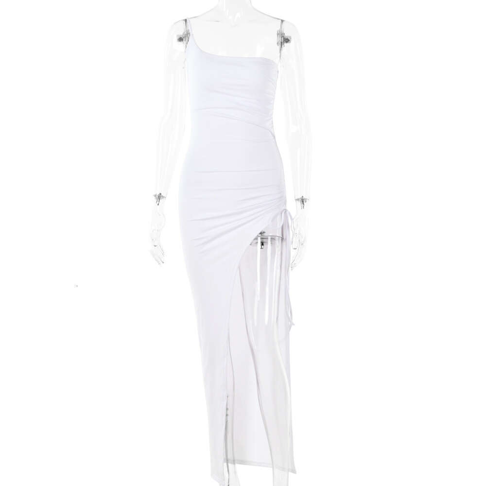 Spring One Shoulder Strap Dress Sexy Tight Fitting Wrinkling High Split Long For Women
