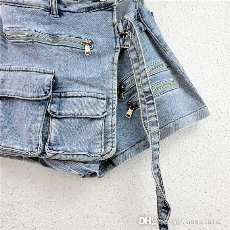 2023 Fashion Womens Shorts Skirts Elastic Jeans Irregular Multi Pocket Cargo Pants Zipper Bag Shorts Spring Summer New Denim Skirt Pants