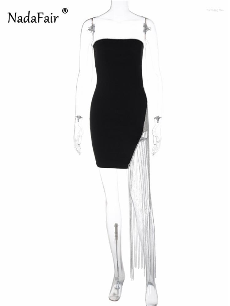 Casual Dresses Nadafair Chain Tassels Sexy Party Dress Strapless Bodycon Mini Rhinestone Backless Club Y2K Split Black Summer