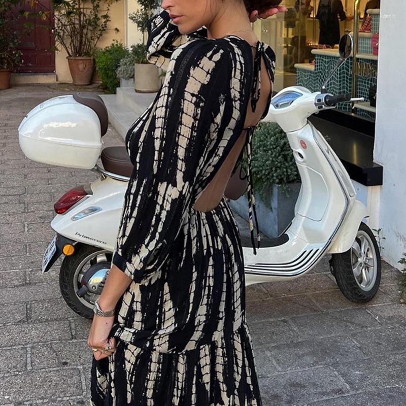 Casual Dresses Women Sexy Backless Boho Party Dress Fashion Drawn Pleat Layered Loose Swing Beach Tie-dye Print V-neck Long