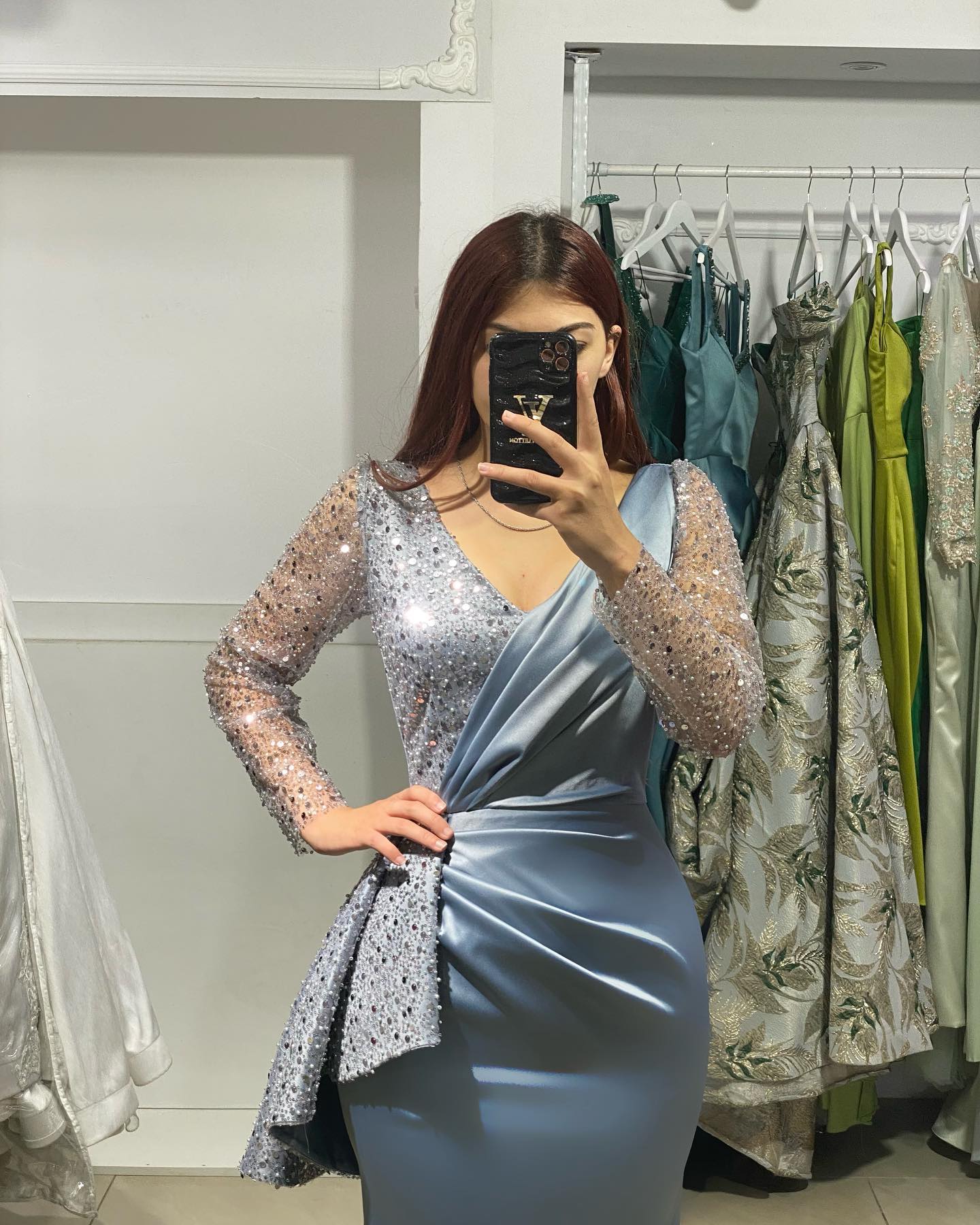 Elegant Blue Grey Mermaid Muslim Evening Dresses Sleeves V Neck Sequins Party Prom Sweep Train Long Dress for special ocn