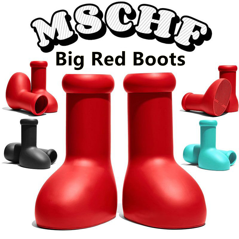 MSCHF Big Red Boots 2023 Astro boy boot Cartoon into real life fashion mens women Rainboots Thick Bottom Rubber Platform WITH Oversized Shoes knee boots round toe
