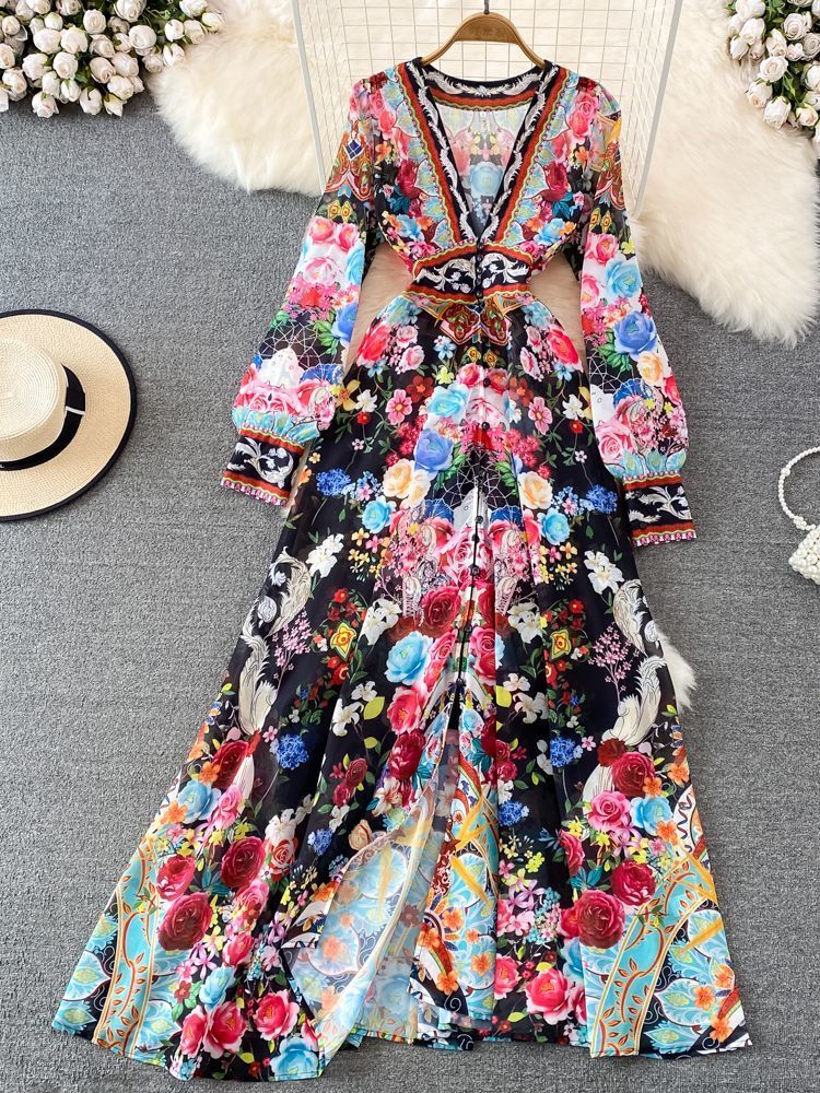 Basic Casual Dresses Runway wer Elegant Chiffon Maxi Dress Women Deep V Neck Long Sleeve ral Print Holiday Party Split Robe Vestido 230801