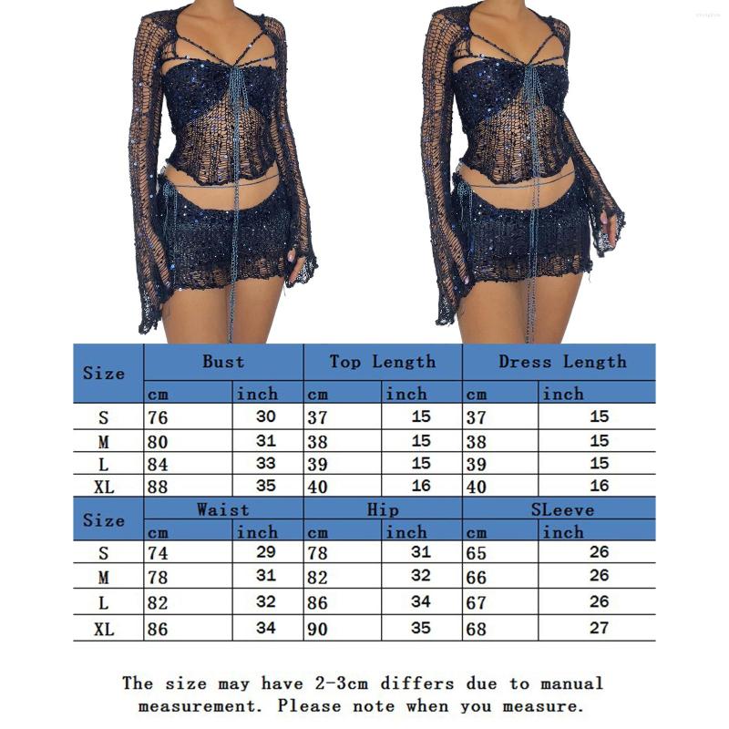 Casual Dresses Sequins Knitted Hollow Out 3 Piece Sets Women Long Flare Sleeve Crop Top And Mini Skirt Suits Sexy Bodycon Summer Outfits