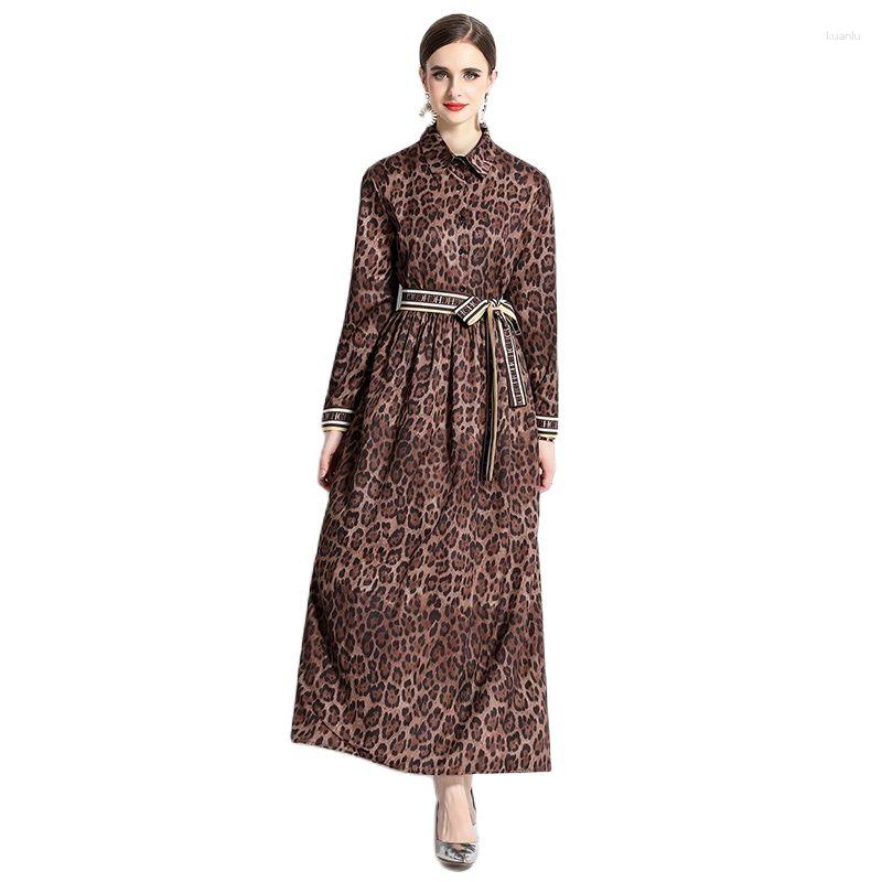 Casual Dresses Leopard Print Shirt Maxi Dress Long Sleeve Women Designer Holiday Lapel Ribbon Lace Up Bow Slim Elegant Simple