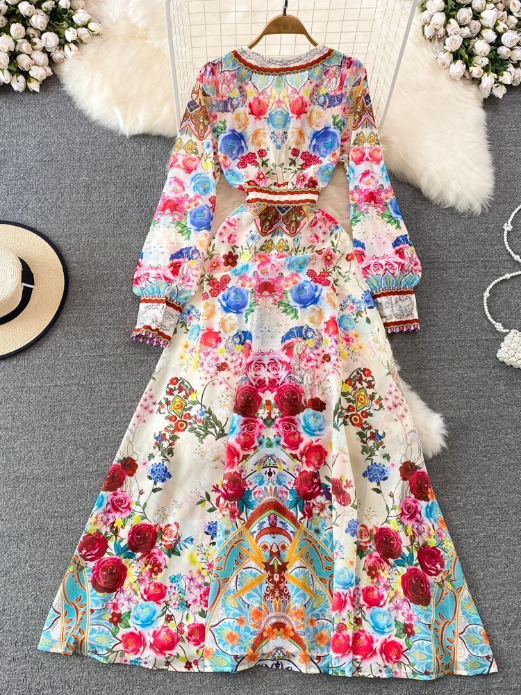 Basic Casual Dresses Runway wer Elegant Chiffon Maxi Dress Women Deep V Neck Long Sleeve ral Print Holiday Party Split Robe Vestido 230801