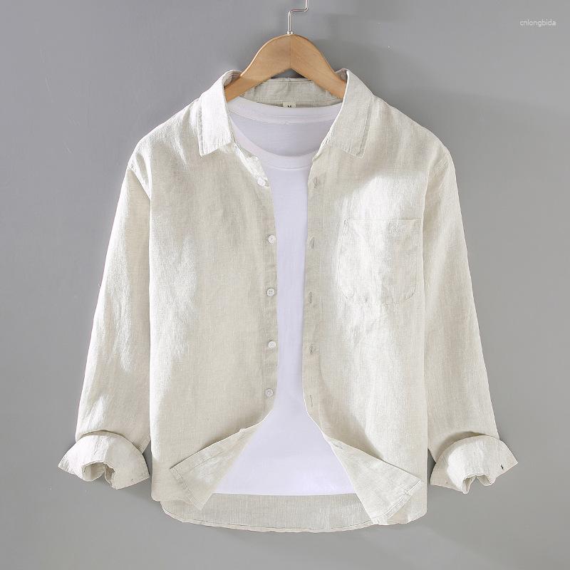 Mens Casual Shirts Pure Linen Long Sleeved Shirt For Men Summer Daily Thin Oversized Jacket Simple Cotton White