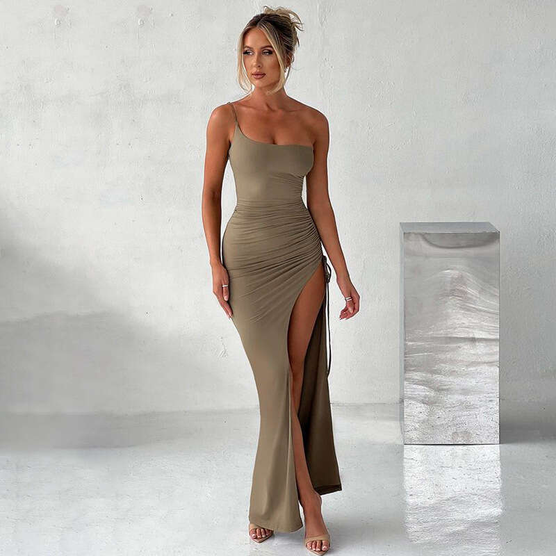 Spring One Shoulder Strap Dress Sexy Tight Fitting Wrinkling High Split Long For Women