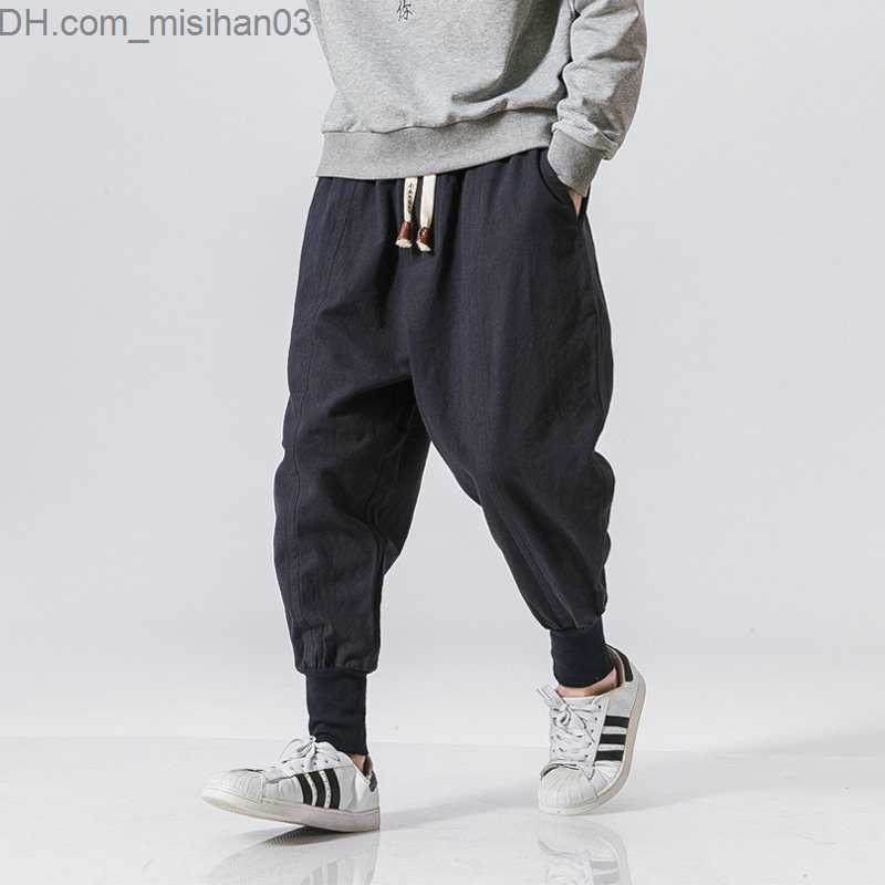 Men's Pants Spring casual oversized harem pants Men's street clothing Solid color Harajuku pocket pants Men's cotton linen elastic wais