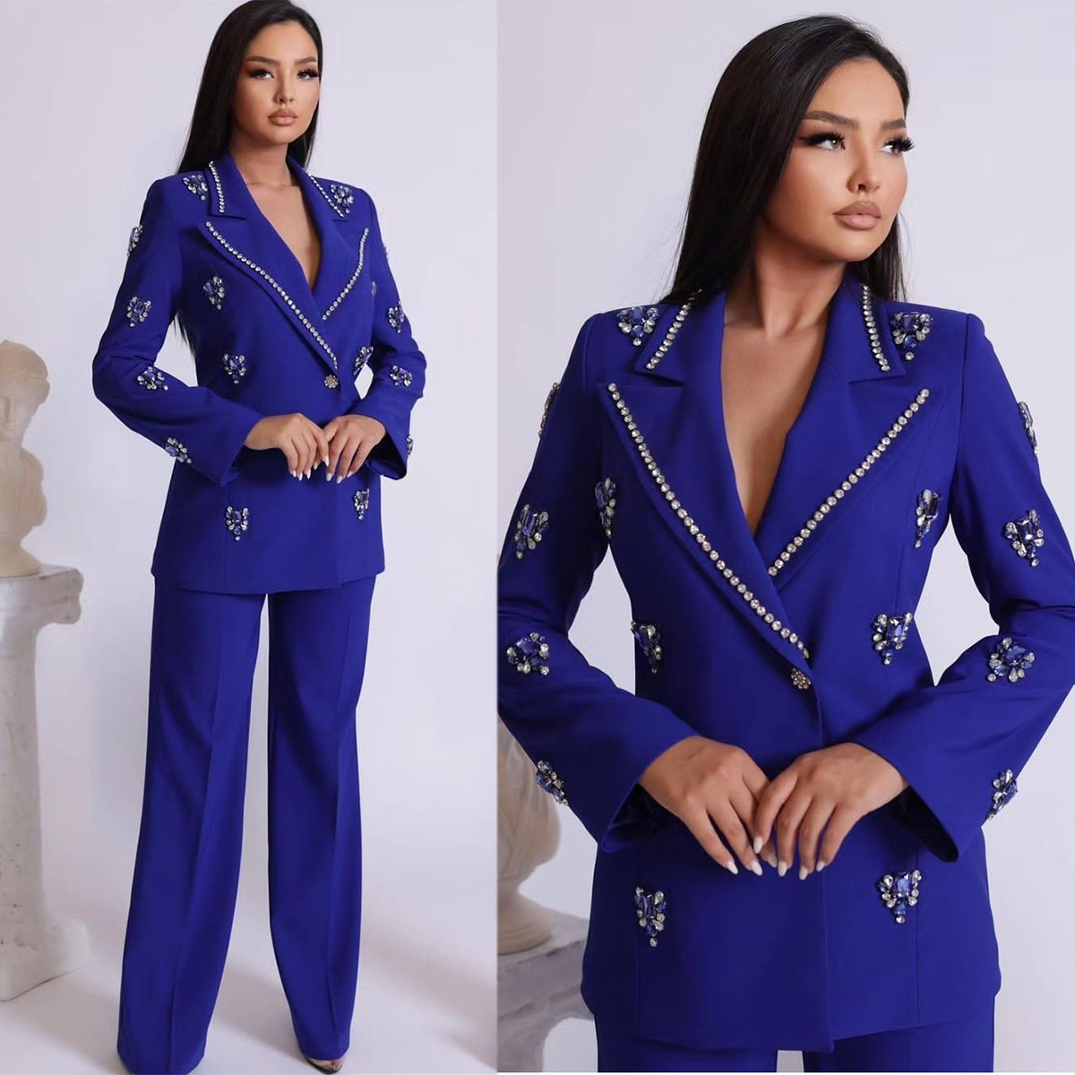 Luxury Women 2 Pcs Bule Suit V-Neck Beads Crystal Coat Custom Made Blazer with Pant Designer Customize