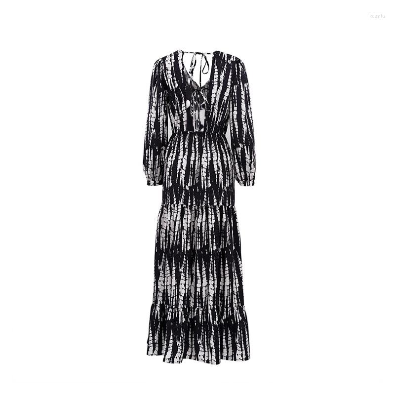 Casual Dresses Women Sexy Backless Boho Party Dress Fashion Drawn Pleat Layered Loose Swing Beach Tie-dye Print V-neck Long