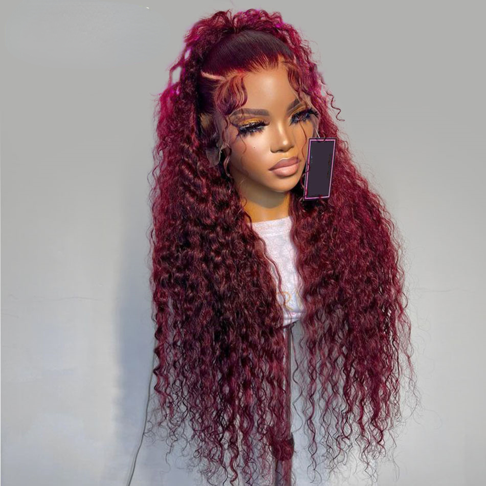 Free shipping 99j Bury 13x4 Hd Lace Water Frontal Human Hair Glueless Red Colored Brazilian Wigs 36 Inch Deep Wave Wig