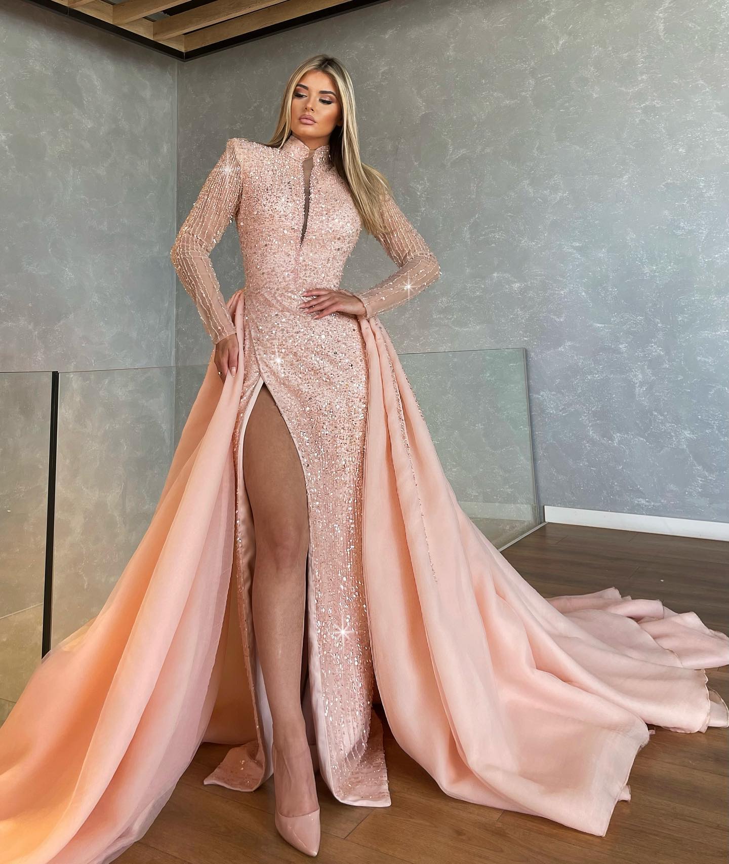Sequins Elegant Pink Evening Overskirts Sleeves V Neck Formal Long Party Prom Dress Pleats Thigh Slit Dresses For Special Ocn Es 6660306
