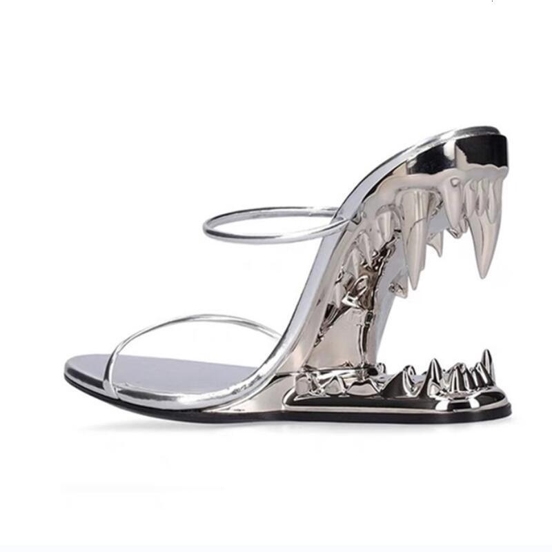 Sandals Summer Metal Tooth Wedges Sandals Highheeled Fashion Shows Sexy Women's Shoes Slippers Gold Silver Black Pink Big Size 230802 - view 3