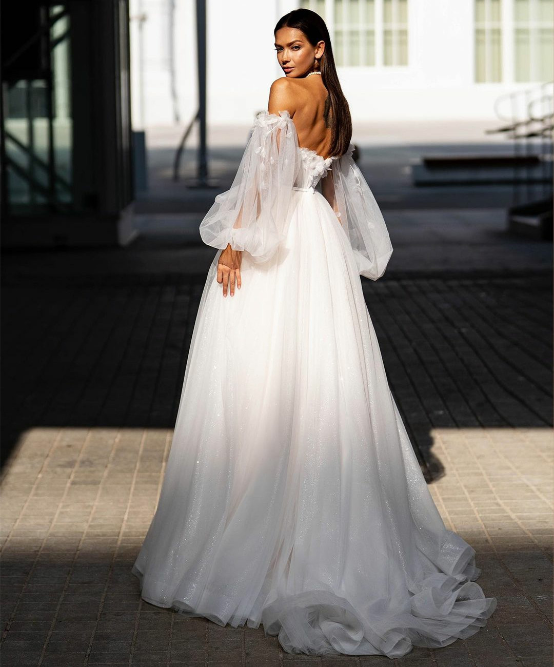 Elegant Long Sweetheart Ivory Wedding Dresses With Sleeves A-Line Tulle Flowers Sweep Train Vestidos de Novia Abendkleid Bridal Gown for Women