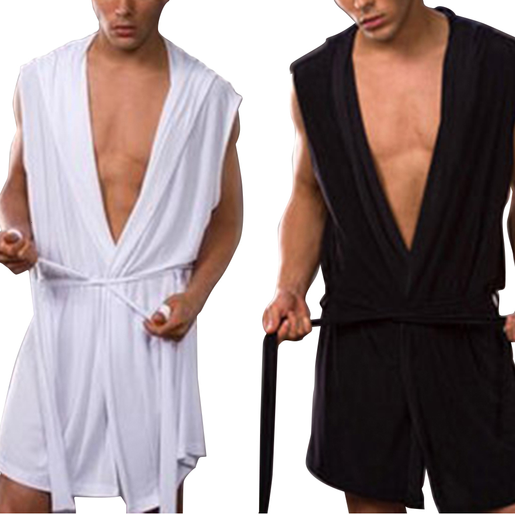 Men s Robes Summer Milk Silk Bathrobe Hooded Sleeveless Pajamas Slimming Medium And Long Fitting Household Clothing 230802