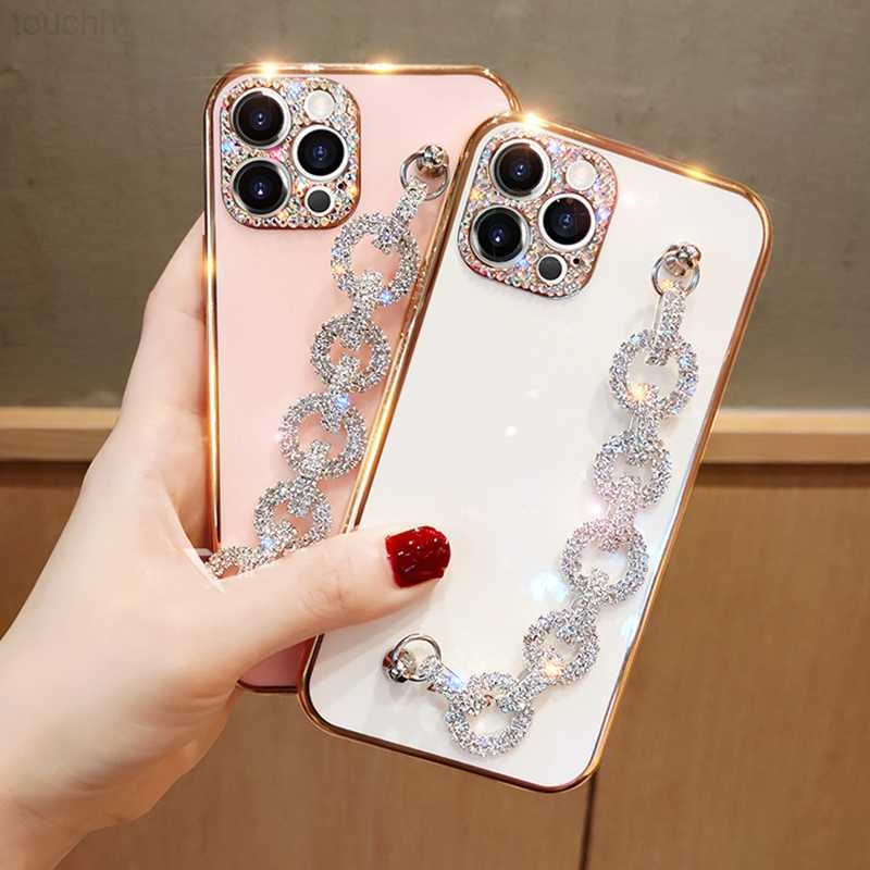 Cell Phone Cases Luxury Lens Protective Glitter Diamond Wrist Chain Soft Phone Case For iPhone 14 13 12 11 Pro Max 7 8 Plus X XR XS SE 2 3 Cover