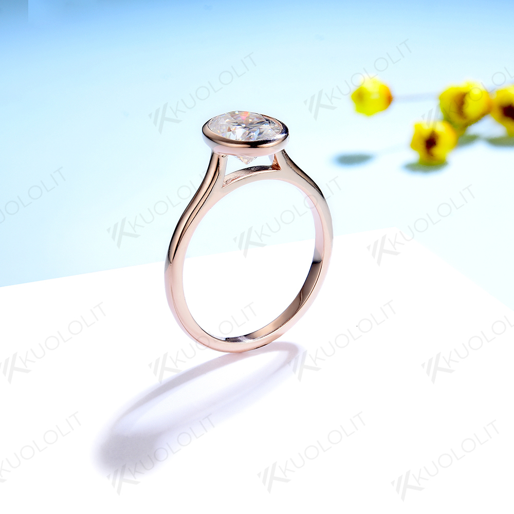 Wedding Rings Kuololit Bezel Set for Women Solid 18K 14K 10K Rose Gold Diamond Anniversary Fine Jewelry 230802