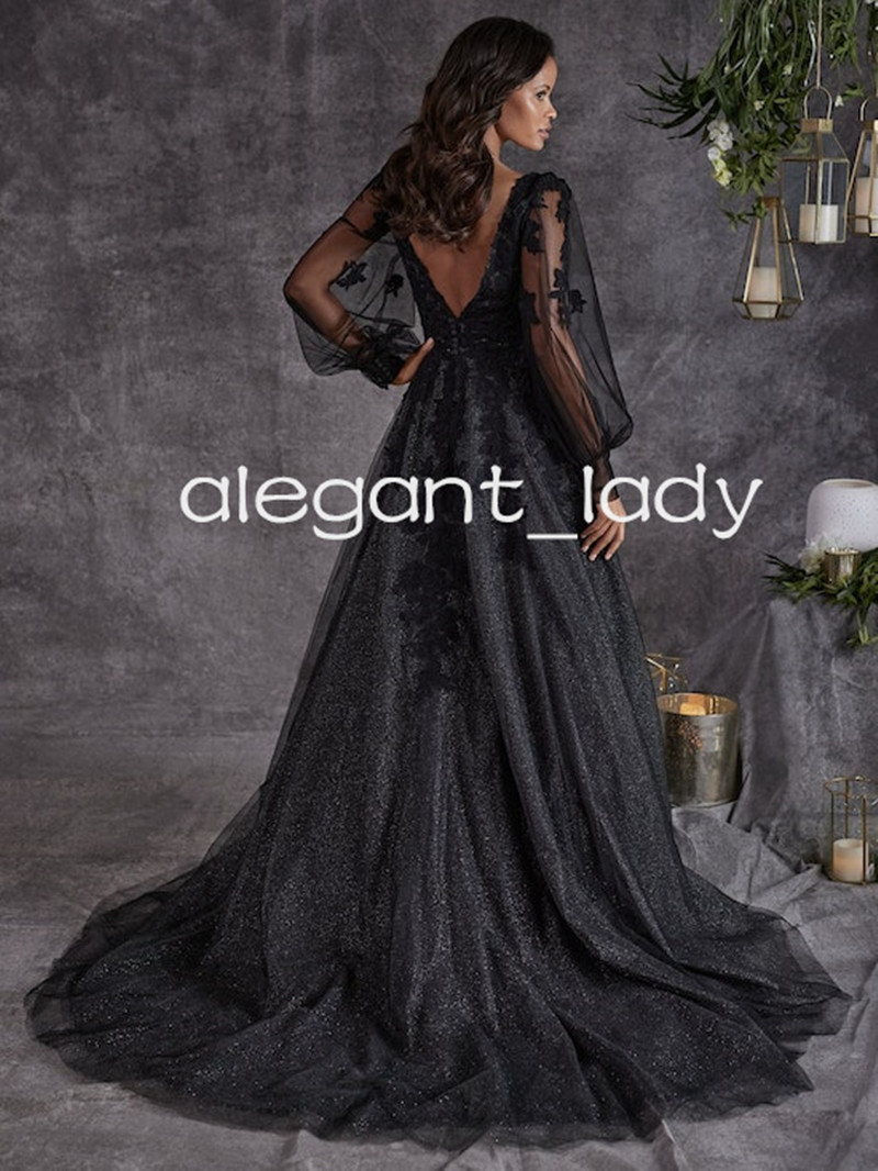 Fairy Long Sleeve Black Gothic Wedding Dresses Lace Applique V-neck Backless Gillter Tulle Skirt Bridal Gown Outfits