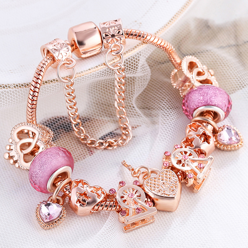 Charm Bracelets Heart Key Pendant Rose Gold Color Bangles Ferris Wheel Beads For Women Valentine s Day Jewelry 230802