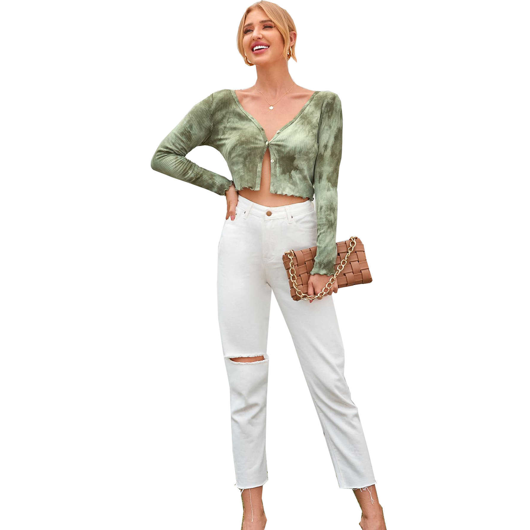 2023 Spring New Fashion Tie Dye Long Sleeve Cardigan T-shirt Casual Versatile Slim Fit V-neck Women's T-shirt