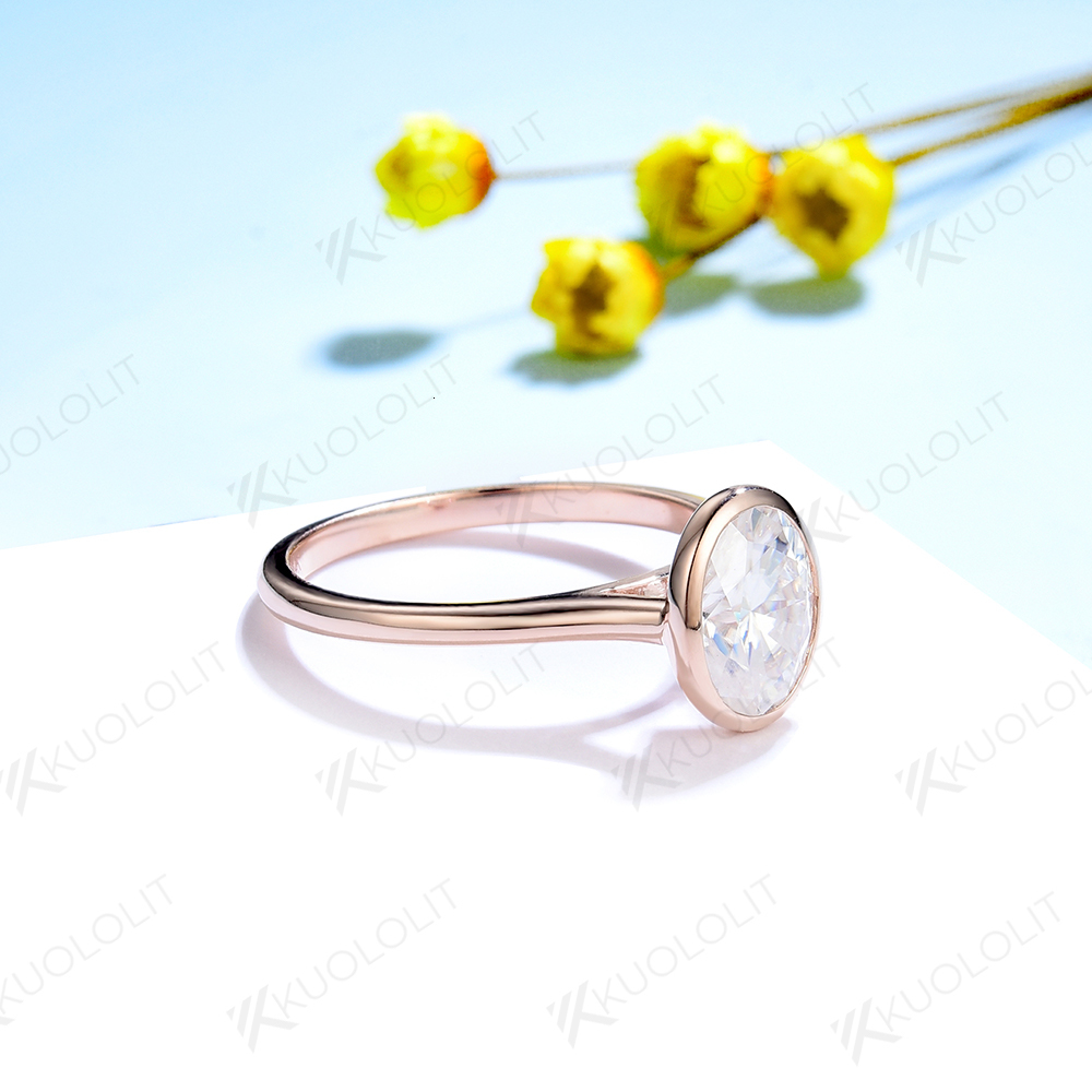 Wedding Rings Kuololit Bezel Set for Women Solid 18K 14K 10K Rose Gold Diamond Anniversary Fine Jewelry 230802