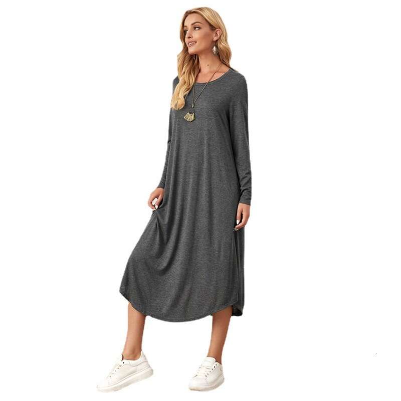 Item Autumn And Winter Womens Dress Pure Color Casual Long Sleeve Curved Hems Loose