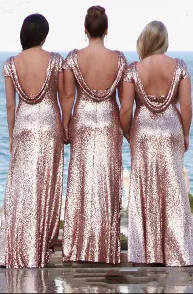 2023 Elegant Rose Gold Sequined Bridesmaid Dresses Long Sexy Country Boho Bridesmaids Dresses Plus Size Custom Made