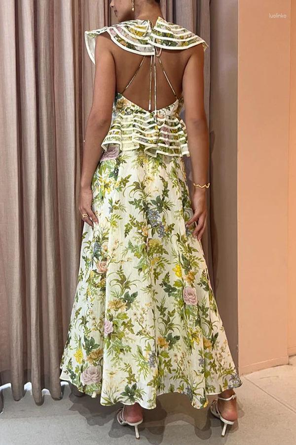 Casual Dresses Women Long Loose Maxi Dress High Waist Floral Flower Summer Spring Ankle Length Sexy Hollow Out Ruffles